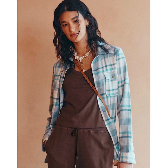 NWT SPELL Organic Cotton & Hemp Plaid Long Sleeve Button Up Flannel Shirt M - Picture 1 of 7